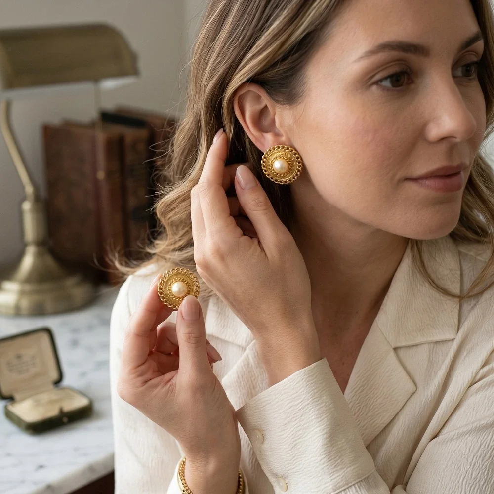 Vintage Gold Tone Faux Pearl Clip‎ On Earrings Large Round Statement Earrings